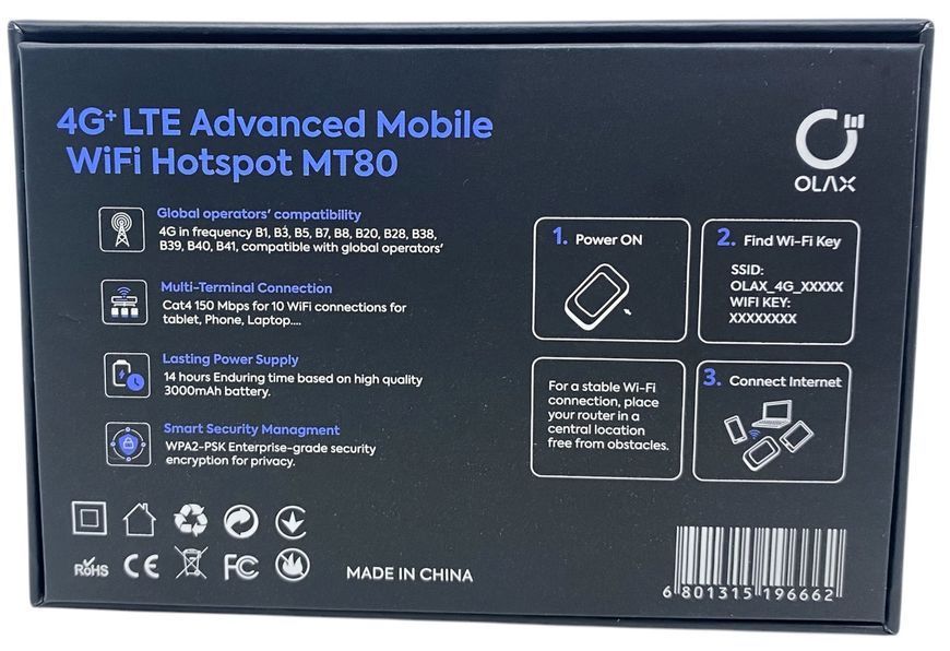 4G WI-FI роутер Olax Олакс МТ 80 мобильный модем под SIM-карту, LTE 150 Мбит/с, аккумулятор 3000 mAh, 2 разъема под антенну + 2 антенны 5 дби 01213 фото