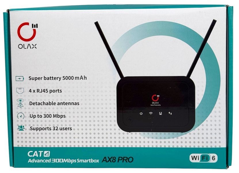 4G LTE Wi-Fi роутер OLAX Олакс AX8 Pro з SIM-картою Wi-Fi 6 до 300 Мбіт/с акумулятор 5000 мАг 4 мережеві порти 1342 фото