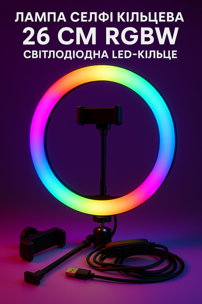 Лампа селфи кольцевая 26 см RGBW светодиодная LED кольцо с держателем для телефона  и креплением под штатив 00004 фото